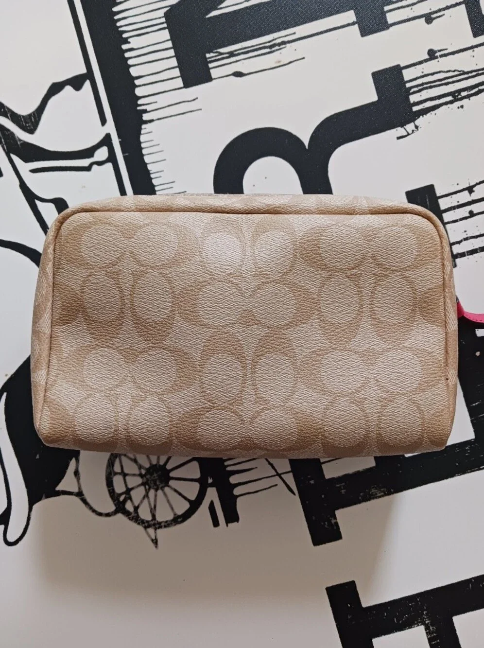 Coach Boxy Beige Signature Carriage Wristlet with Pink Strap and Red Heart